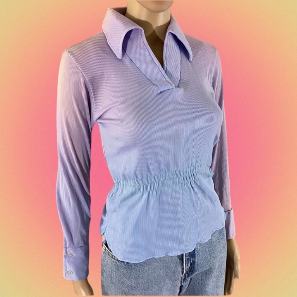 Vintage 60s Cinched Waist Sunwashed Lilac Dagger Collar Ribbed Fitted Bl…